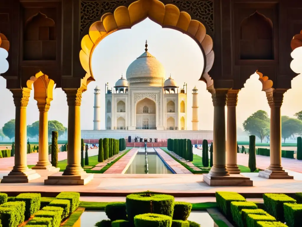 Maravillosos detalles de mármol y celosías en el Taj Mahal al atardecer, resaltando el Arte islámico en la India