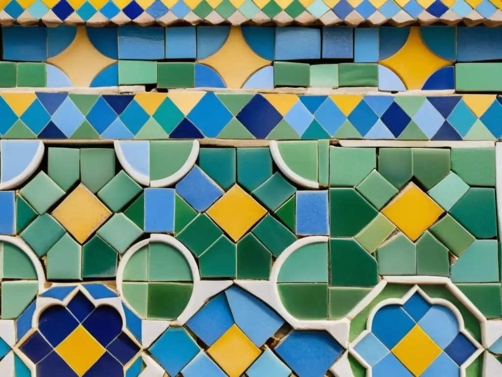 Zellige marroquí en arquitectura islámica: Intrincado mosaico en tonos azules, verdes y amarillos, reflejando la rica herencia cultural