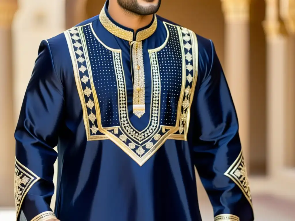 Jalabiya de lujo en azul marino: elegancia y tradición Un jalabiya masculino islámico en azul marino con bordados en hilo dorado y plateado