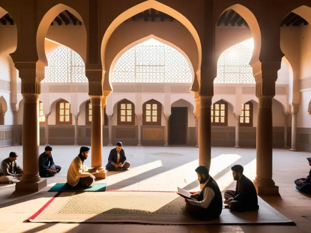 Academia de matemáticas en madrasa islámica con alumnos y profesor en discusión bajo la cálida luz solar, rodeados de patrones geométricos