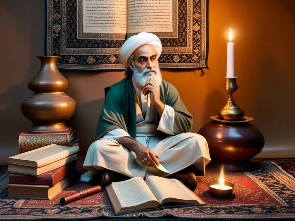 Omar Khayyam poeta matemático inmerso en pensamientos junto a antiguos manuscritos y instrumentos, en una escena detallada y cálida iluminación