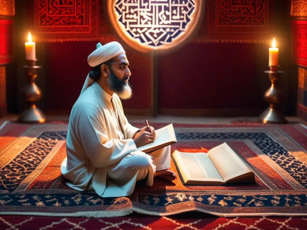 Matemático Sufi en meditación profunda Un matemático sufí islámico inmerso en contemplación espiritual rodeado de antiguos manuscritos en una habitación mística iluminada por una vela