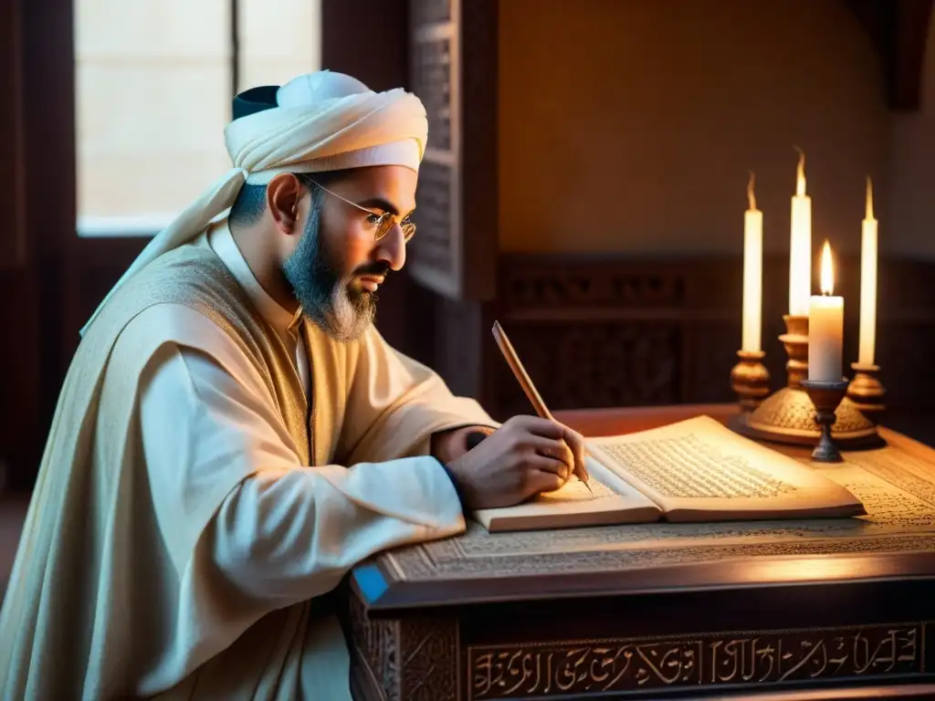 Un matemático islámico medieval escribe ecuaciones en un pergamino, iluminado por luz de velas