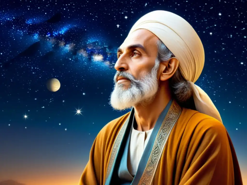 Omar Khayyam poeta matemático observando el universo con asombro y contemplación, inmerso en la conexión con el cosmos