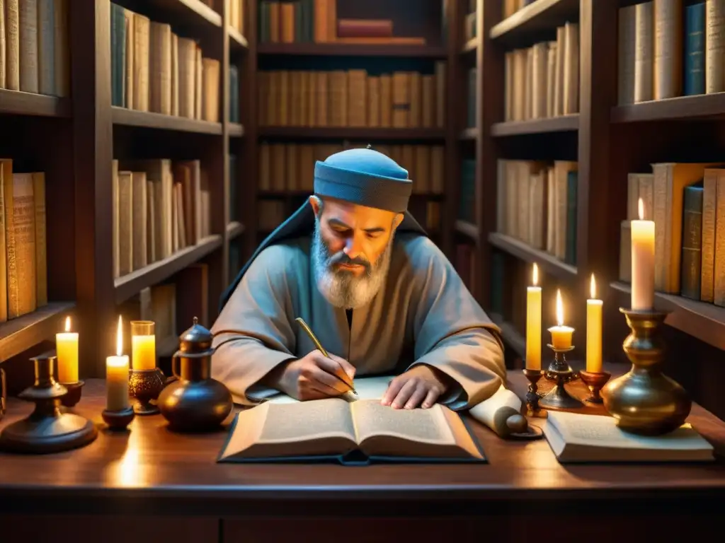 Ibn Sina estudia medicina medieval rodeado de libros antiguos y herramientas médicas, iluminado por la luz de las velas