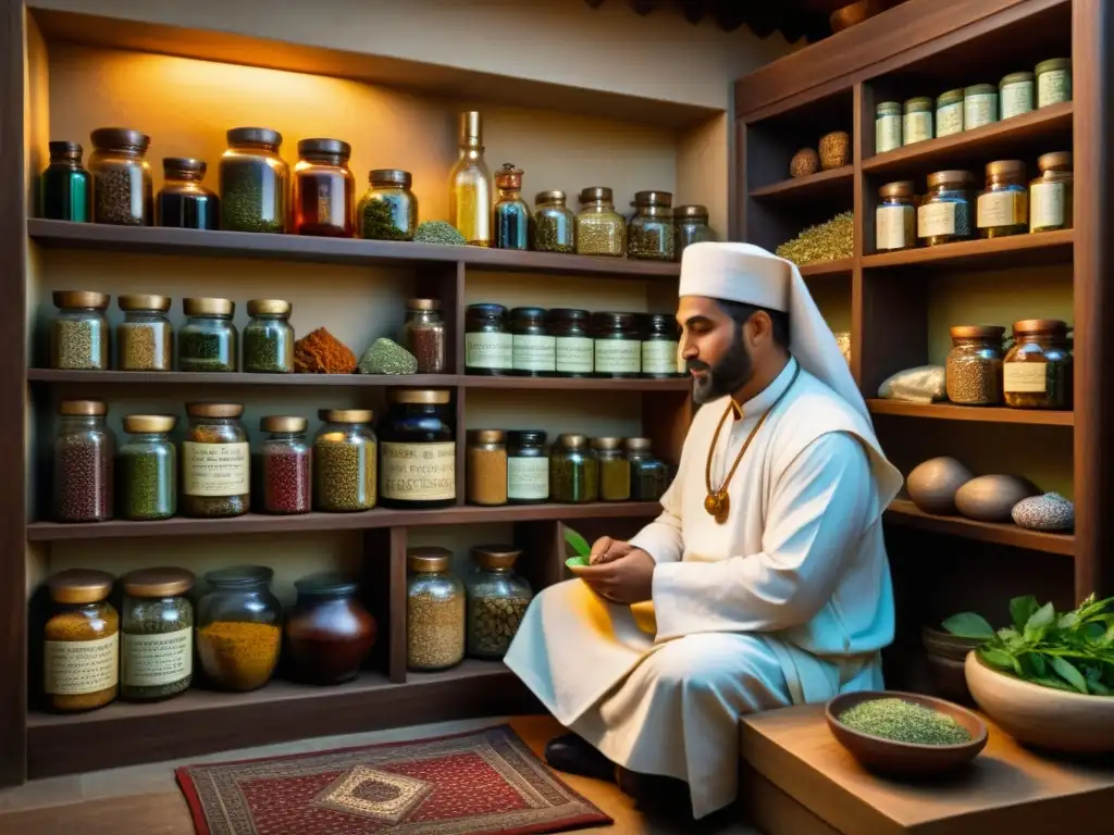 Un médico islámico medieval prepara y administra remedios a un paciente en una cámara de curación tradicional, con detalles realistas