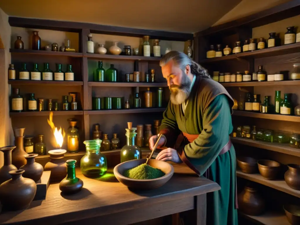 Un médico medieval consulta a un paciente en su taller de medicina, iluminado por lámparas de aceite