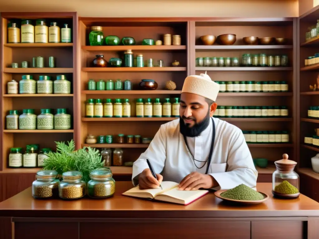 Un médico tradicional de la medicina profética en el Islam consulta a un paciente en una cálida habitación decorada con detalles intrincados