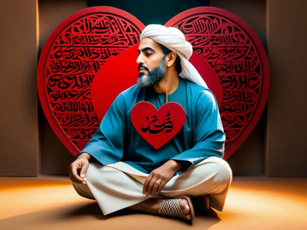 Ibn Arabi reflexiona en medio de caligrafía árabe, expresando la trascendencia del amor en su filosofía