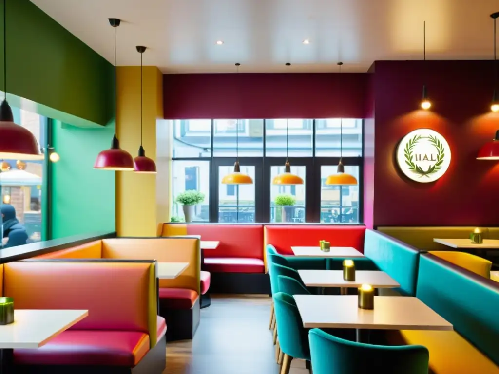 Muestra de la mejor cocina halal vegetariana en un bullicioso restaurante en Londres, con platos coloridos y una atmósfera acogedora y moderna