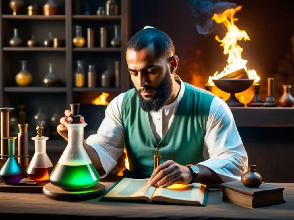 Jabir Ibn Hayyan concentra su mente en un experimento alquímico en un laboratorio antiguo y tenue