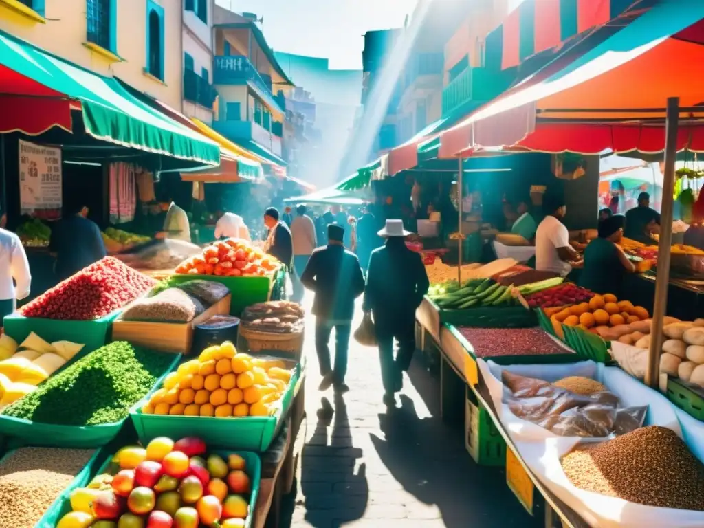 Un mercado abierto y vibrante en una ciudad latinoamericana con ingredientes halal frescos y coloridos