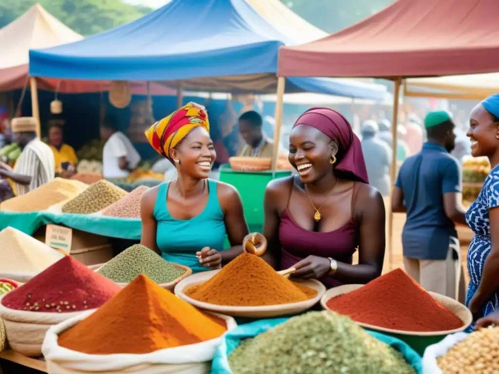 Un mercado africano al aire libre bullicioso, lleno de colores vibrantes y actividad