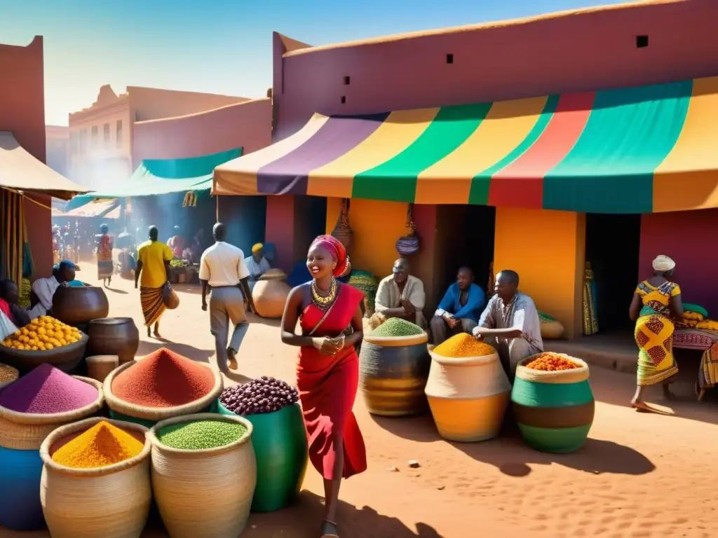 Un mercado africano bullicioso con colores vibrantes, gente diversa y tejidos coloridos