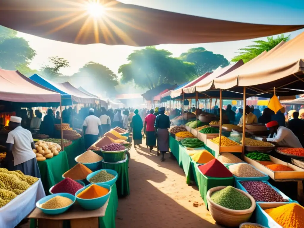 Un mercado africano bullicioso y colorido ofrece cocina halal africana tradicional, con puestos de especias, alimentos frescos y vendedores animados