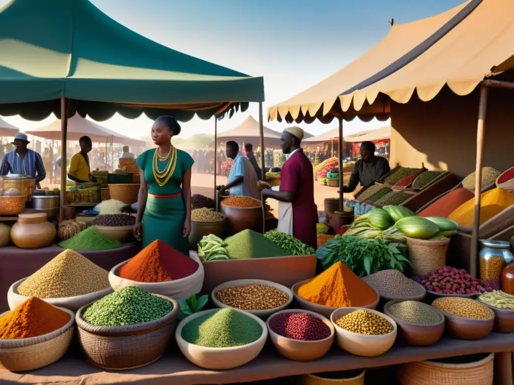 Mercado africano con prácticas ancestrales medicina mundo islámico: hierbas, especias y remedios en vibrante escena de intercambio y actividad