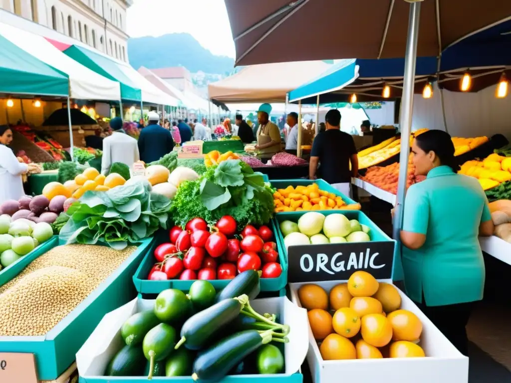 Mercado al aire libre con alimentos orgánicos halal certificados en vibrantes puestos de frutas y verduras