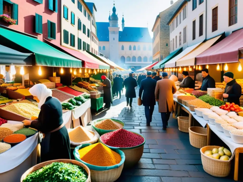 Mercado al aire libre en Europa con cocina islámica, especias vibrantes, frutas frescas y bullicio de clientes y vendedores