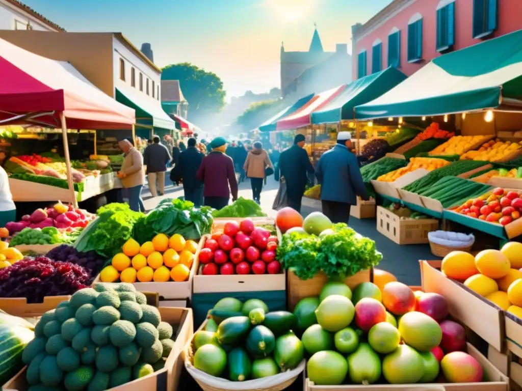 Un mercado al aire libre lleno de frutas y verduras coloridas, con vendedores y clientes disfrutando de conversaciones animadas