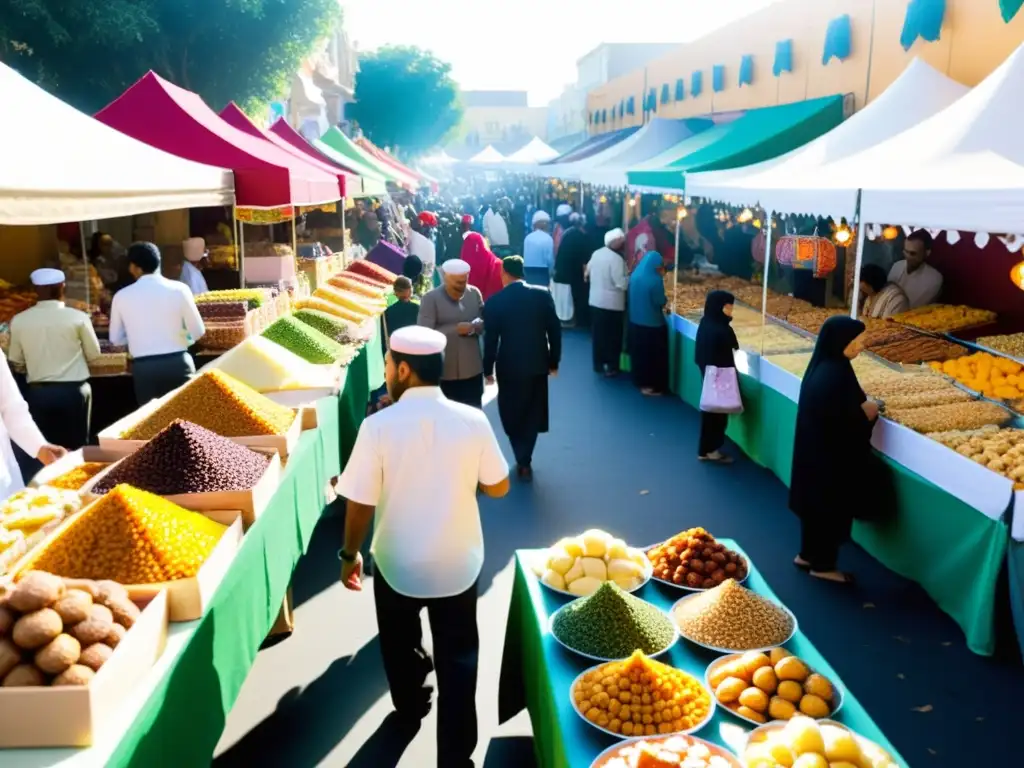 Mercado al aire libre vibrante y bullicioso con tradiciones y delicias Eid al-Fitr, familias disfrutando de dulces y conversaciones festivas bajo el cálido sol dorado