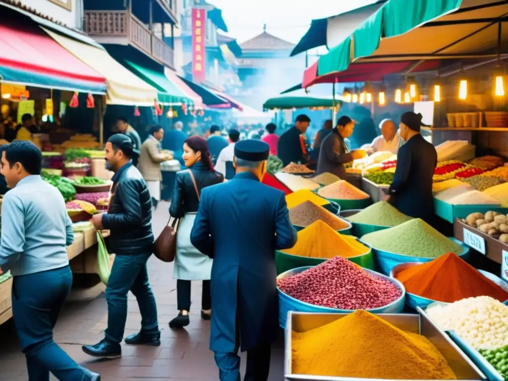 Mercado de alimentos bullicioso en el Sudeste Asiático, con colores vibrantes y gastronomía halal