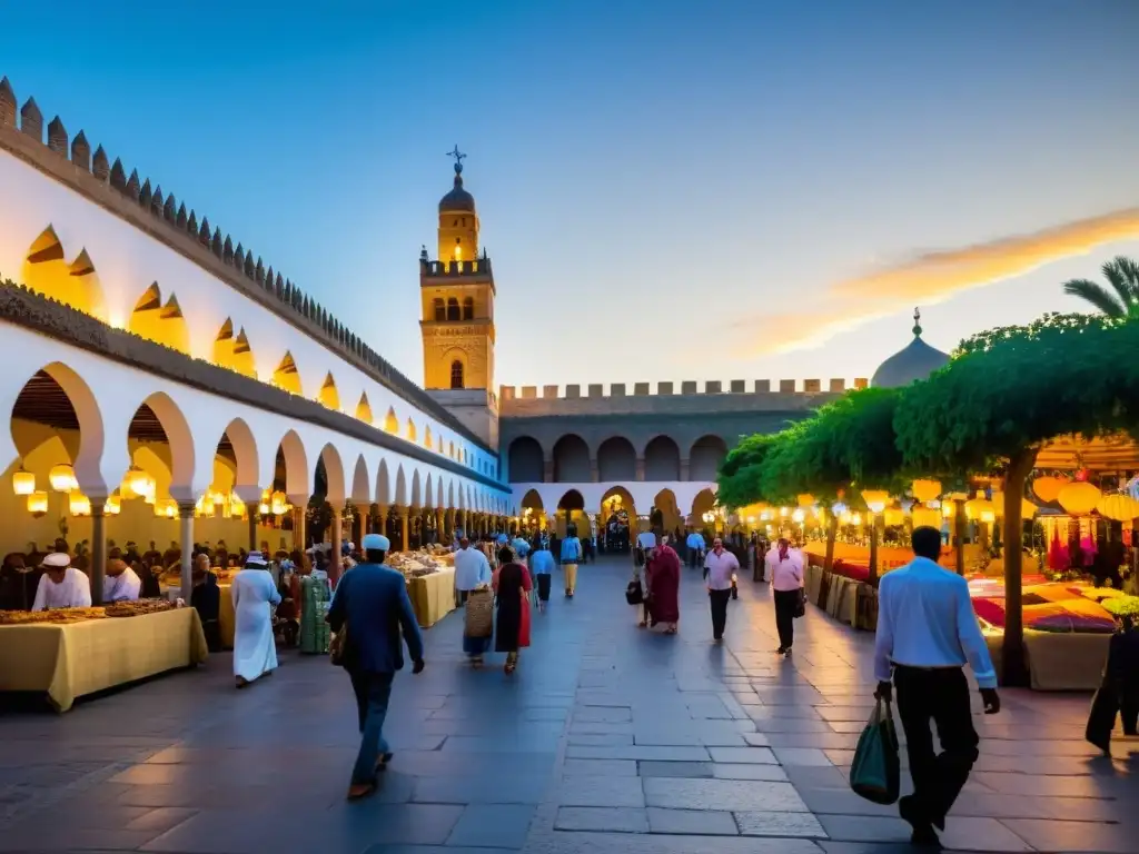 Mercado animado en la antigua Córdoba, con arquitectura morisca, textiles coloridos y la influencia del Apogeo cultural de Córdoba