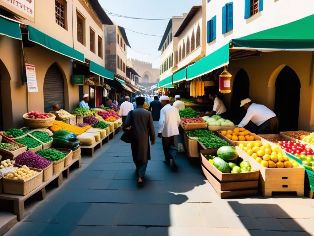 Mercado animado en una ciudad musulmana, con productos artesanales y prácticas ambientales vida cotidiana musulmana