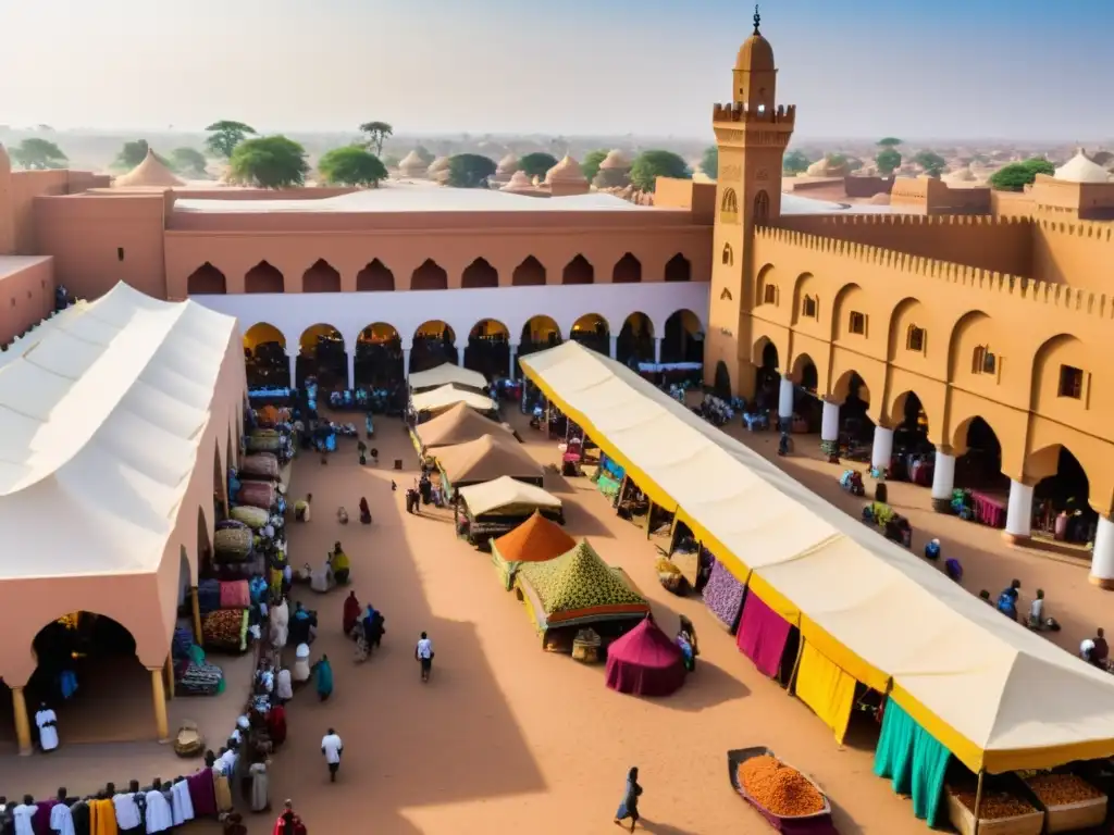 Mercado animado en una ciudad subsahariana, reflejando la identidad islámica en África con arquitectura y actividades comerciales variadas