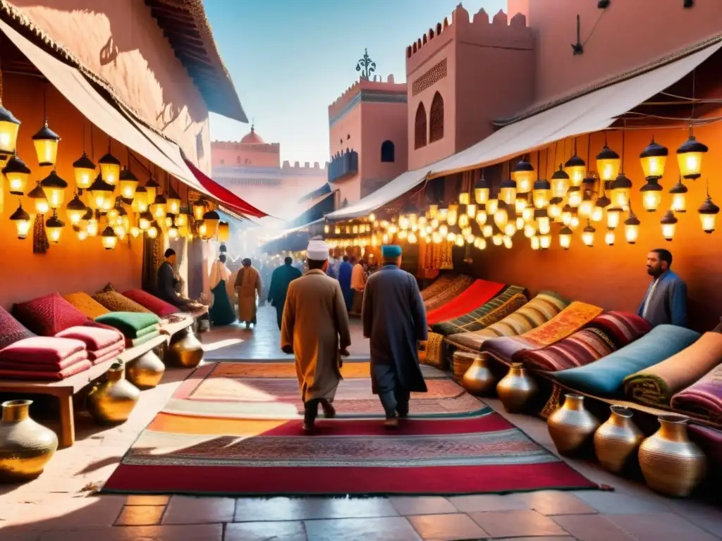 Mercado animado en Marrakech, Marruecos, con textiles coloridos y gente en atuendos islámicos, preservación diversidad cultural islámica