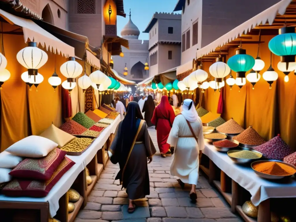 Un mercado árabe antiguo, iluminado y adornado con tapices y linternas, evoca la atmósfera encantadora de Las Mil y Una Noches