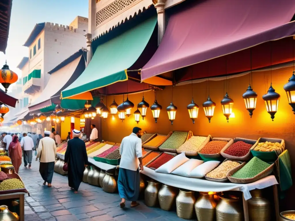 Un mercado árabe bullicioso y colorido con textiles colgando, faroles iluminando calles empedradas y locales conversando