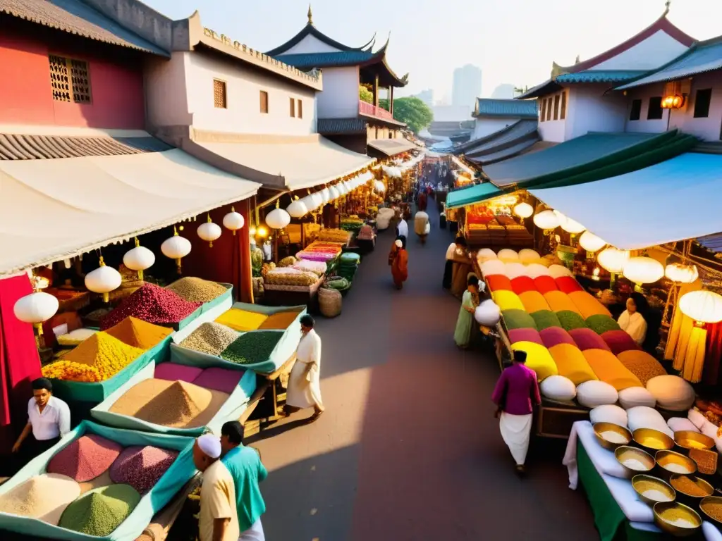 Un mercado asiático bullicioso y colorido al atardecer, con aromas de especias y textiles