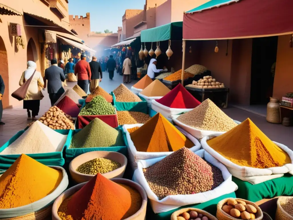 Un mercado bullicioso al aire libre en Marrakech, Marruecos, rebosante de colores vibrantes y texturas