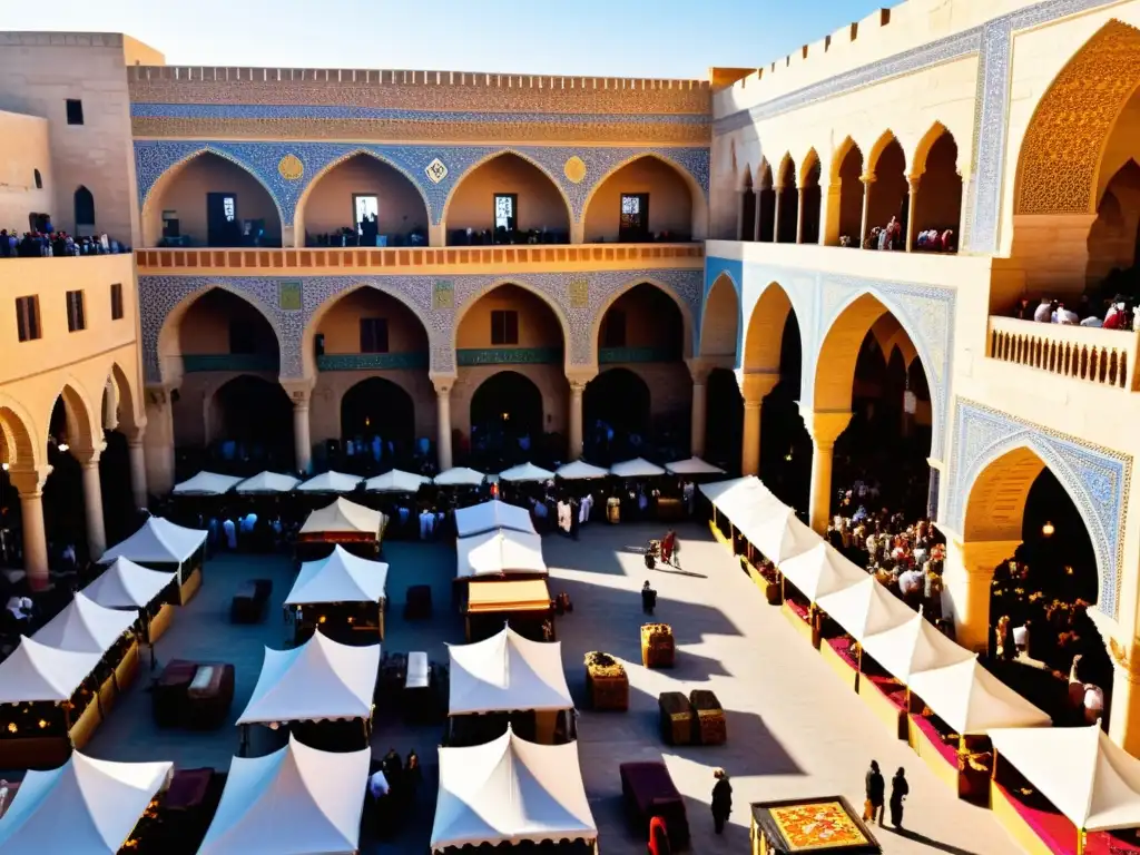 Mercado bullicioso en Al-Ándalus con convivencia de las tres culturas, comercio y arquitectura vibrante