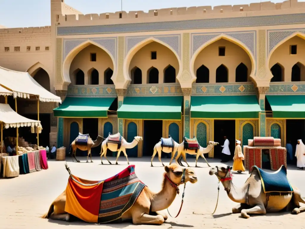 Mercado bullicioso en la antigua Bagdad, con arquitectura islámica y vibrantes textiles