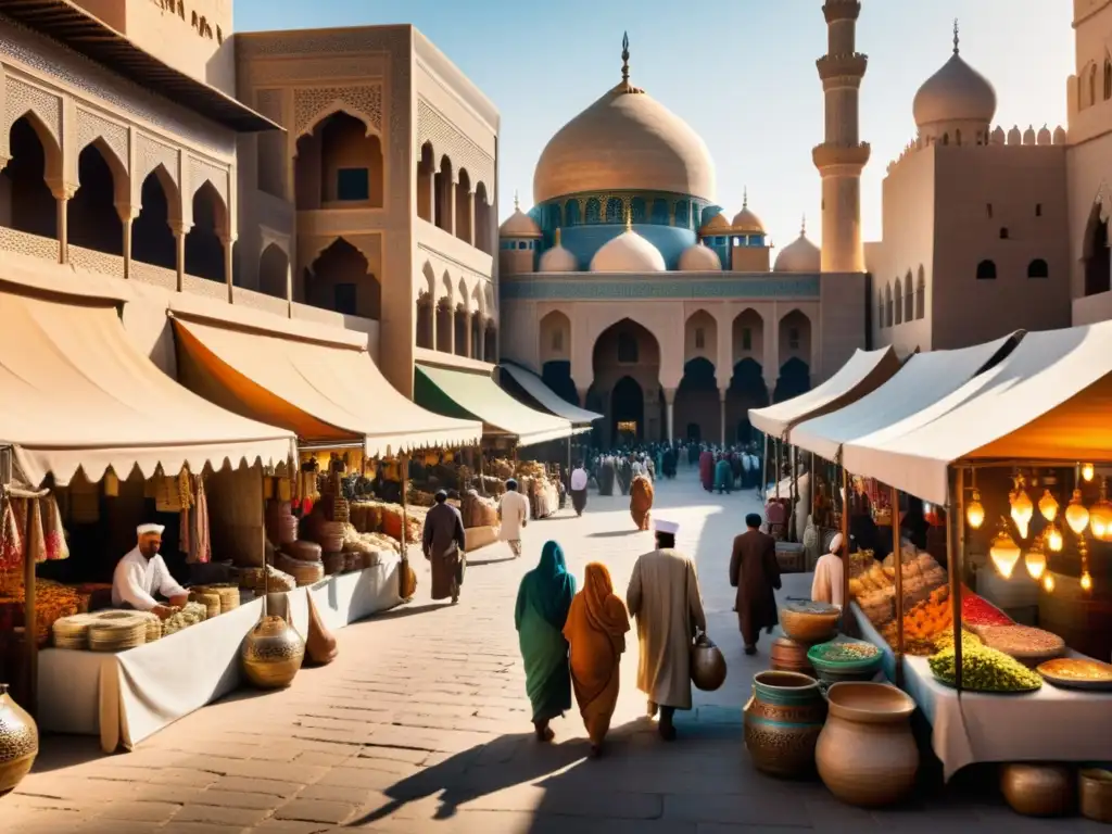 Mercado bullicioso en antigua ciudad de Oriente Medio, con textiles, cerámica y metalistería bajo minaretes