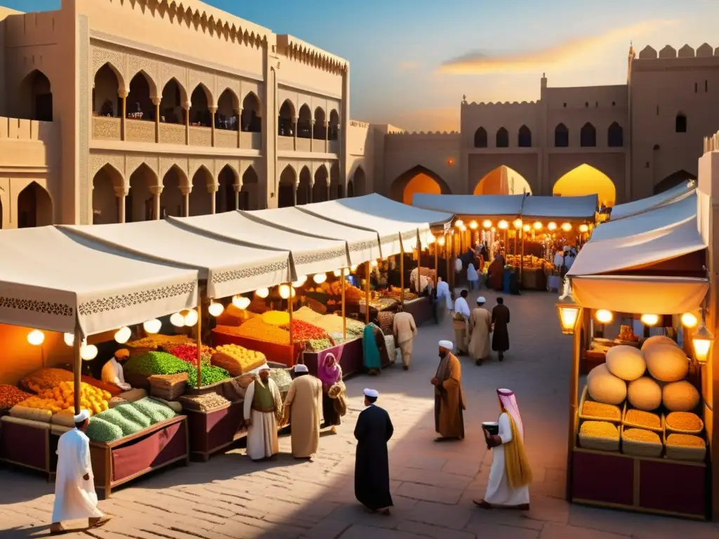 Mercado bullicioso en una antigua ciudad del Medio Oriente, reflejando los principios islámicos de comercio, finanzas y ética bajo la cálida luz del atardecer