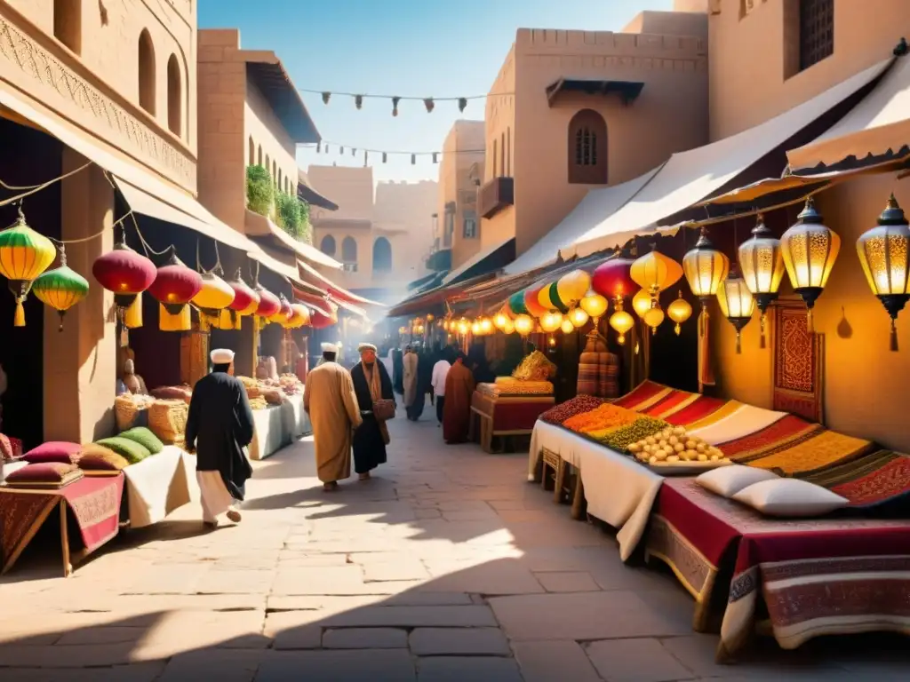 Mercado bullicioso de una antigua ciudad del Medio Oriente, con textiles coloridos, alfombras intrincadas y faroles ornamentales