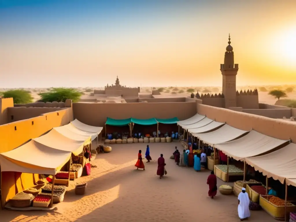 Un mercado bullicioso en la antigua ciudad de Timbuktu, con puestos de madera tallada vendiendo textiles vibrantes y especias