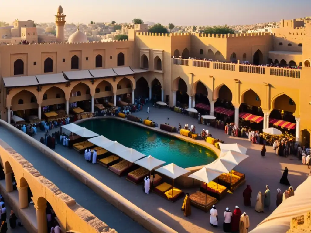 Mercado bullicioso en una antigua ciudad del Medio Oriente, bañado por la luz dorada del atardecer