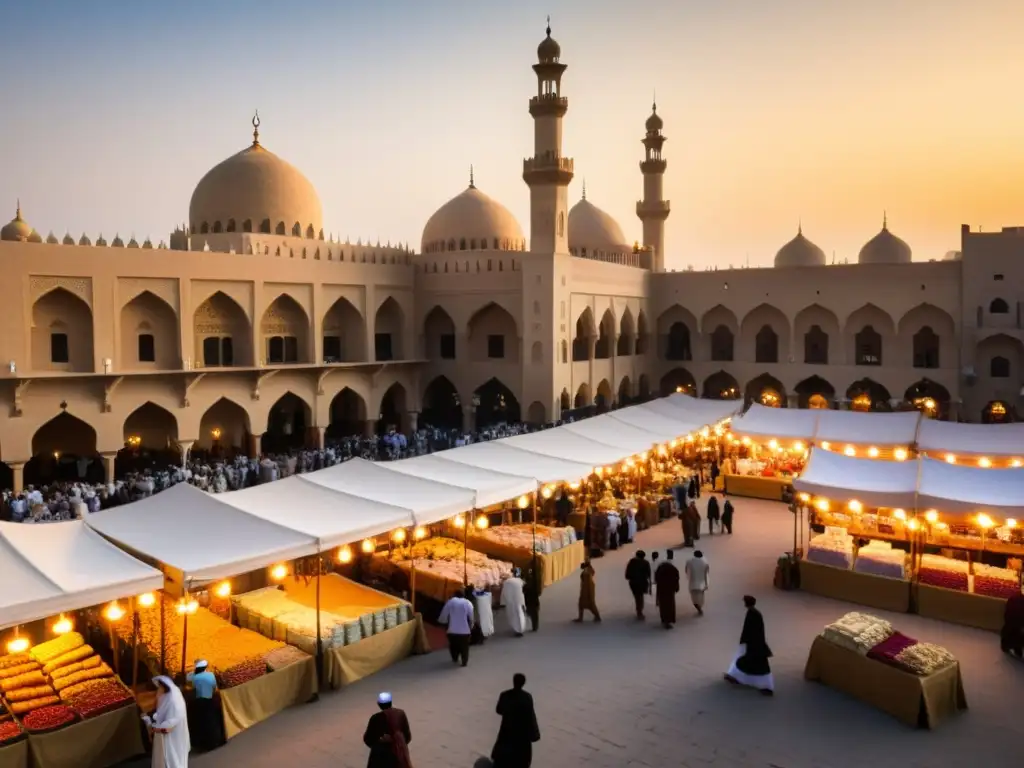 Un mercado bullicioso en una antigua ciudad del Medio Oriente, con coloridos puestos que ofrecen una variedad de productos financieros halal