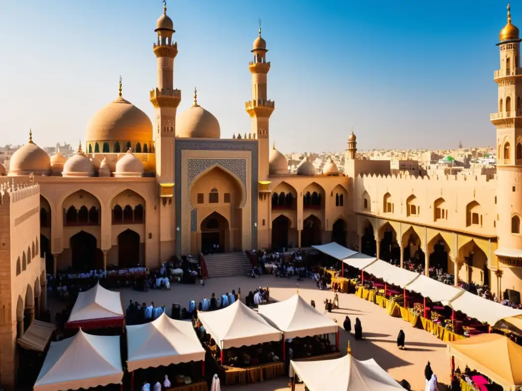 Mercado bullicioso en una antigua ciudad del Medio Oriente, con mezquitas y minaretes intrincados