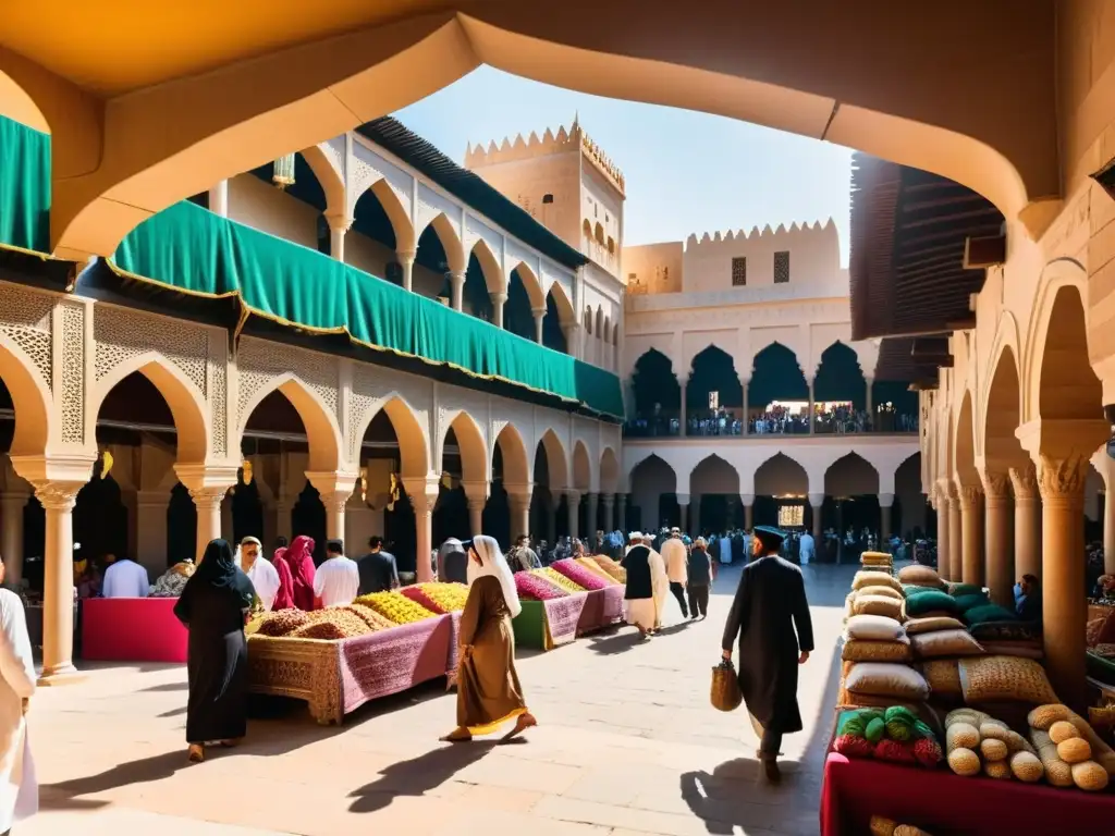 Un mercado bullicioso en una antigua ciudad de Oriente Medio, con arquitectura intrincada y gente diversa