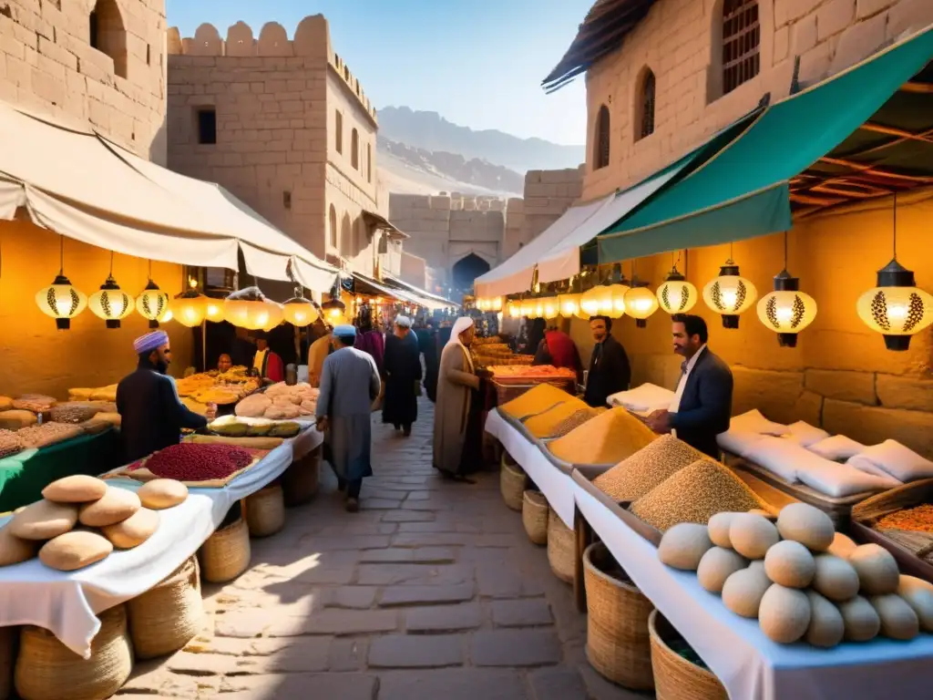 Mercado bullicioso en la antigua ciudad de Tahert, con edificios de arenisca y coloridos puestos de especias y textiles