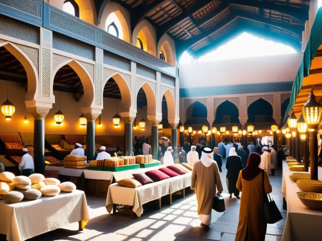 Mercado bullicioso en una antigua ciudad del Medio Oriente, con intercambio científico en mercados musulmanes y una atmósfera histórica y animada