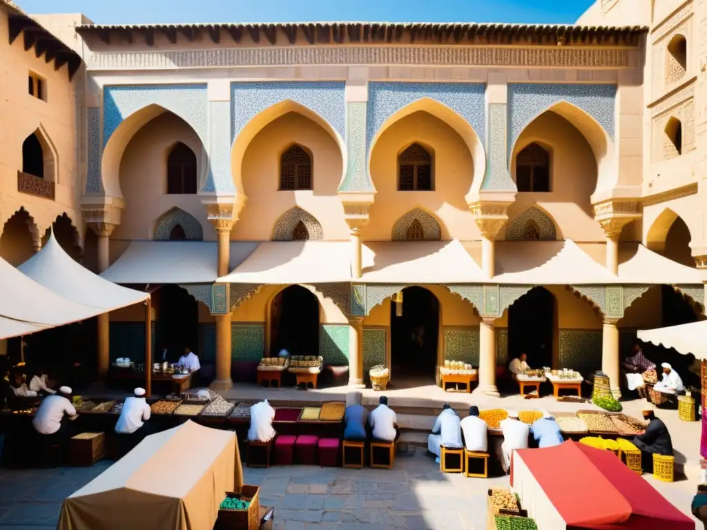 Un mercado bullicioso en una antigua ciudad islámica, con arquitectura intrincada y calles estrechas llenas de gente disfrutando café en cafeterías al aire libre