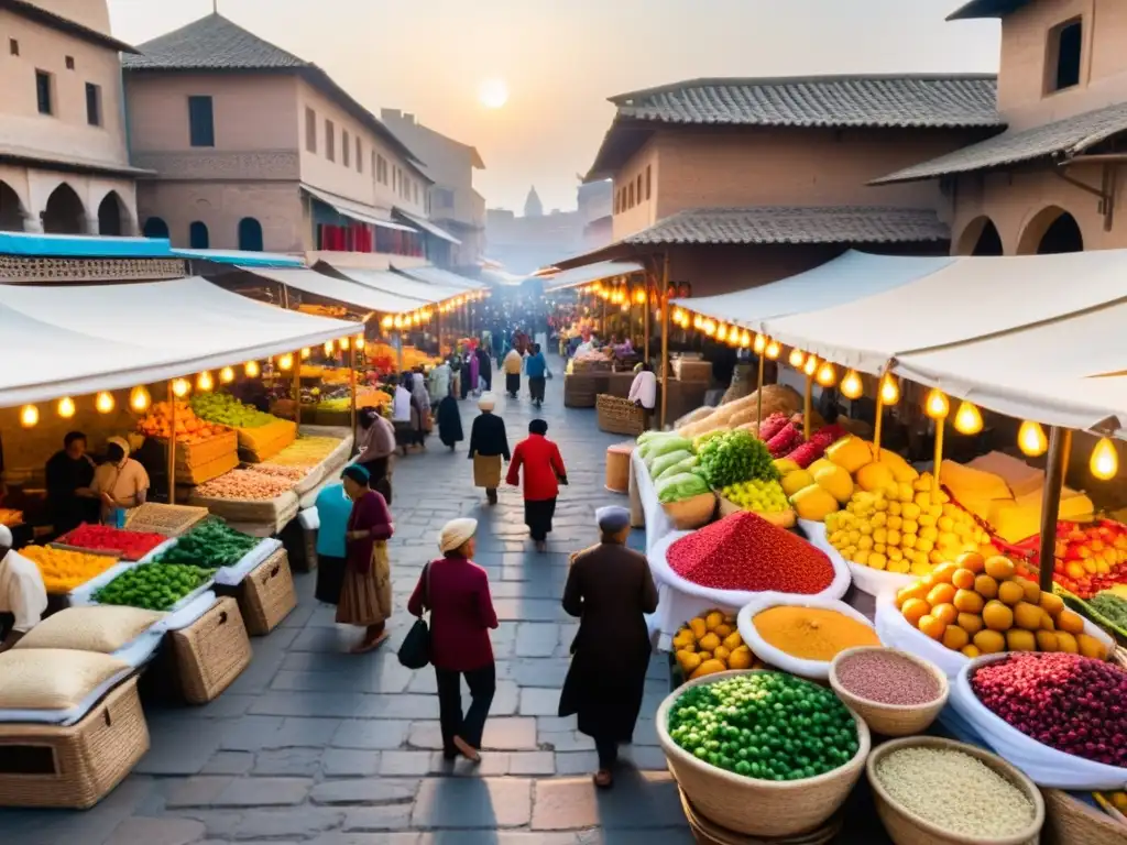 Mercado bullicioso en una antigua ciudad, con vendedores ofreciendo productos frescos y especias