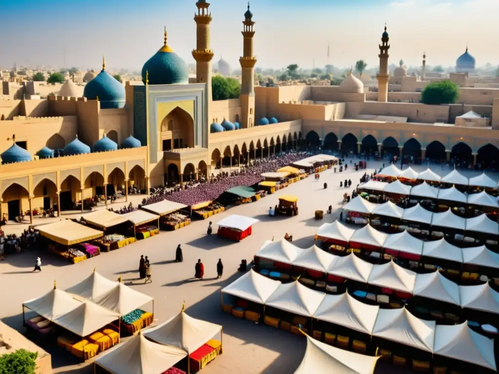 Mercado bullicioso en la antigua Bagdad, con colores vibrantes, aromas exóticos y la majestuosa presencia del palacio de Harun al Rashid