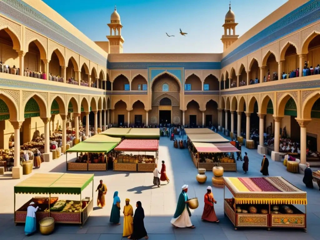 Mercado bullicioso en la antigua Bagdad: paisaje exótico y vibrante Un mercado bullicioso en la antigua Bagdad, con colores vibrantes, detalles intrincados y una atmósfera de Mil y una noches