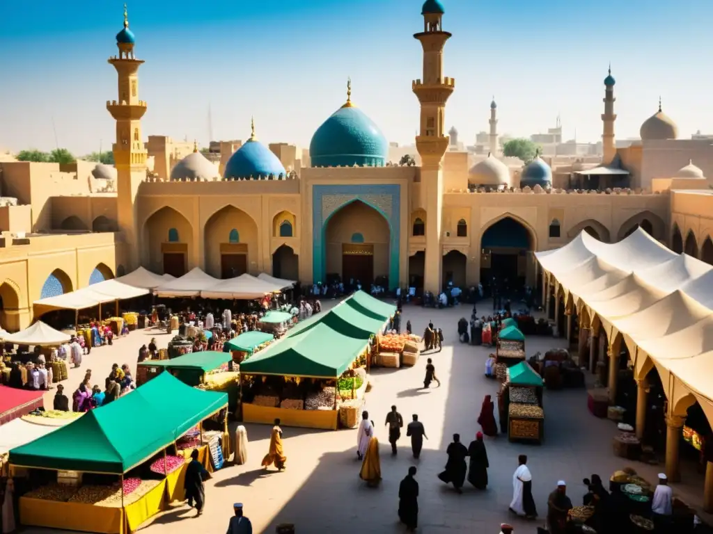 Mercado bullicioso en la antigua Bagdad, con colores vibrantes y arquitectura intrincada, reflejando el esplendor de Bagdad en la expansión del Islam